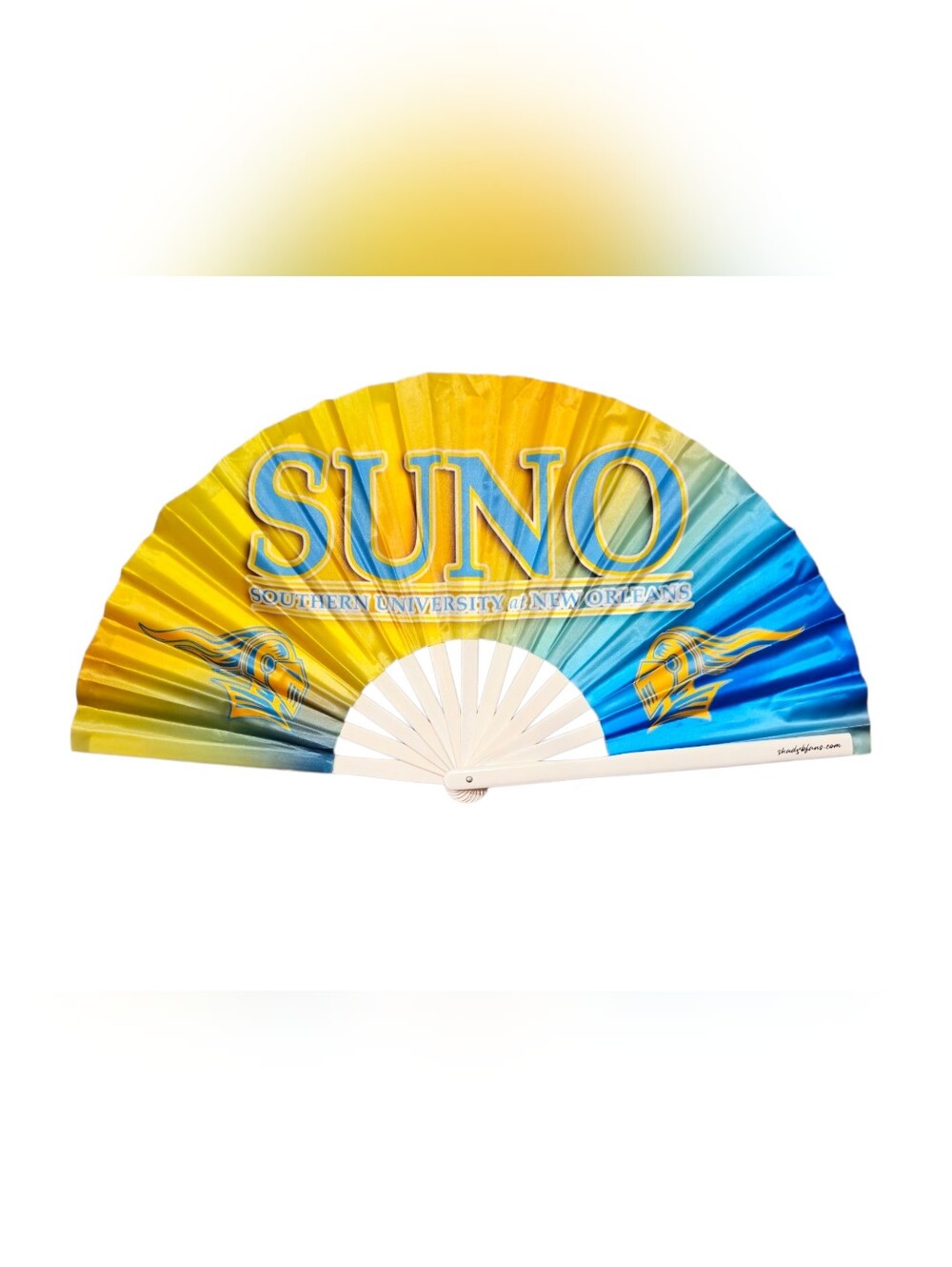 SUNO Yellow and Blue Folding Fan with SUNO Logo